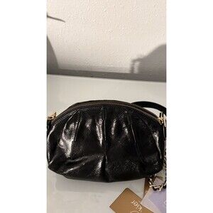 Botkier Black Glazed‎ Leather Pleated Crossbody Bag Gold Hardware New